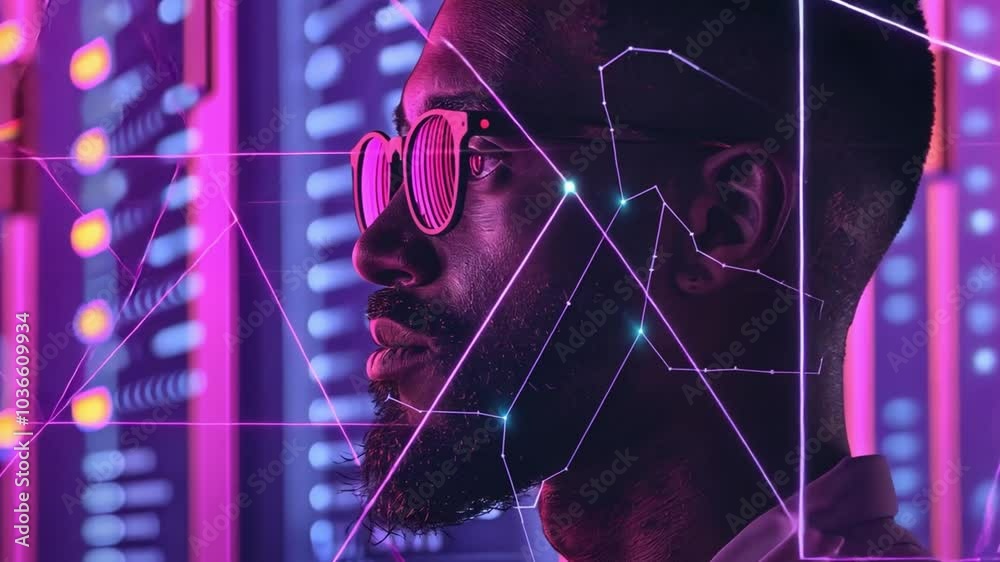Aufkleber A man wearing glasses gazes thoughtfully in front of illuminated digital displays showcasing colorful data patterns, highlighting the fusion of technology and human experience at the event.