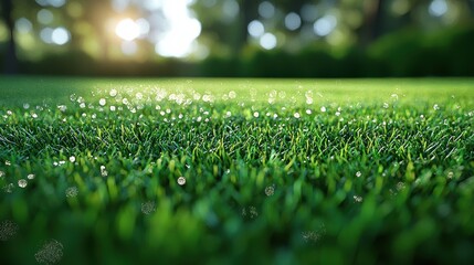 Naklejka premium Morning dew glistens on vibrant green grass in a tranquil park setting during sunrise