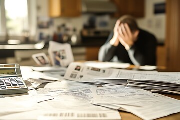 A messy kitchen table filled with overdue bills during a stressful financial moment