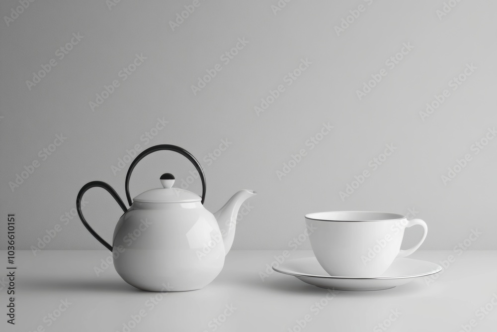Poster a white tea kettle sits alongside a matching cup and saucer on a smooth surface, inviting a moment o
