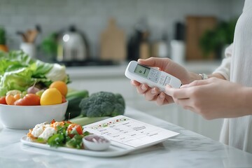 A person measures blood sugar level while preparing healthy meals in their kitchen