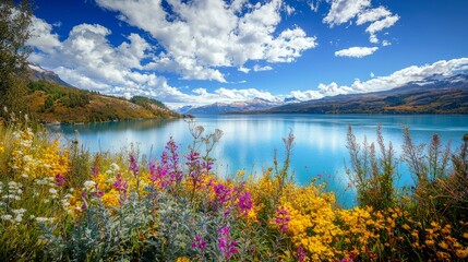 Fototapeta premium Tranquil mountain lake with colorful wildflowers in the foreground and a blue sky with white clouds.