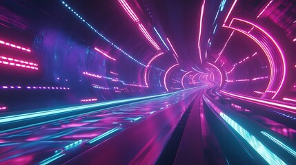 Futuristic highway scene with a racetrack design radiating glowing neon light trails in electric blue pink and purple enhancing the night sky