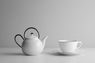 A white tea kettle sits alongside a matching cup and saucer on a smooth surface, inviting a moment of relaxation with tea. Generative AI