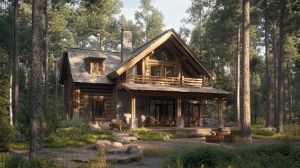 A cozy log cabin nestled in a lush forest, featuring a stone chimney, a porch with chairs, and a fire pit.