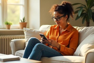 Fototapeta premium Smiling young woman wearing glasses looking at cell phone doing ecommerce mobile shopping relaxing on sofa in living room. Happy mature young woman using smartphone sitting on couch at home
