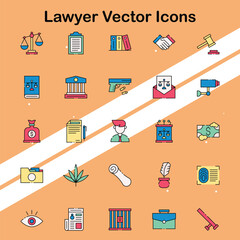 Collection of lawyer icons depicting legal professionals and tools ideal for legal and business themes.