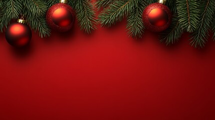 A red background with three red Christmas ornaments on it