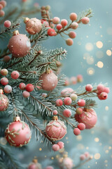 Fototapeta premium A frosty winter scene featuring a delicate pink Christmas ornament hanging on a snow-covered branch. The background is filled with soft bokeh lights and falling snowflakes