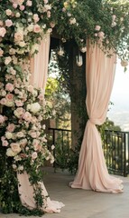 Pink flower archway with sheer curtains.