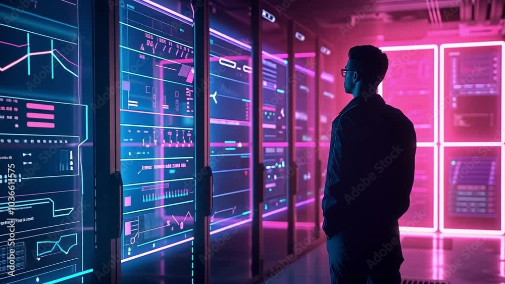 Poster in a high-tech laboratory, an individual observes vibrant digital dashboards filled with graphs and 