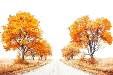 Naklejka premium A peaceful autumn scene featuring vibrant orange trees lining a gravel road under a bright, ethereal sky.