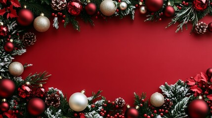 A red background with a white border and a bunch of Christmas ornaments
