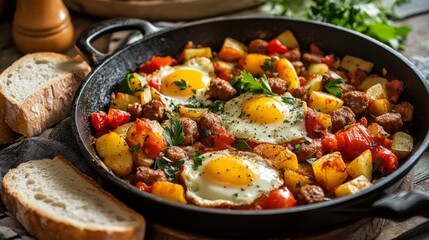 A hearty breakfast skillet loaded with eggs, sausage, and potatoes