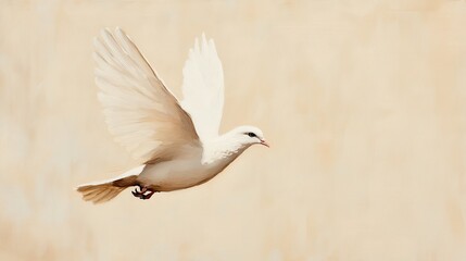 A lone dove majestically soaring across a soft beige sky creating a peaceful and serene atmosphere with its graceful movement and delicate silhouette
