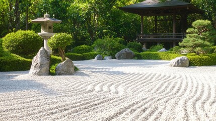 Serene Zen Garden in Ancient Japanese Landscape Featuring Meticulously Raked Gravel, Bonsai Trees, Stone Lanterns, and Wooden Teahouse