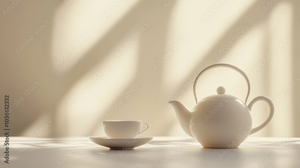 Poster a delicate tea kettle and an elegant cup sit on a table, bathed in soft morning light, creating a tr