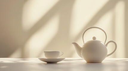 A delicate tea kettle and an elegant cup sit on a table, bathed in soft morning light, creating a tranquil atmosphere perfect for tea. Generative AI