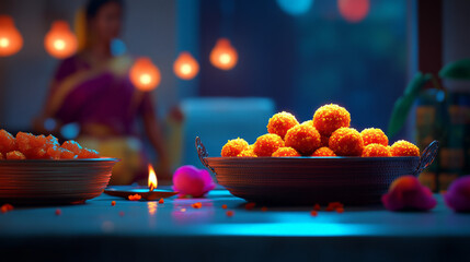 Naklejka premium Indian Family Creating Traditional Diwali Sweets in a Festively Decorated Kitchen