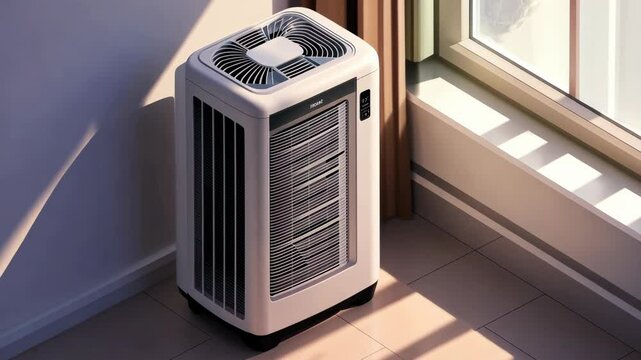 A white air purifier sits in a room near a window