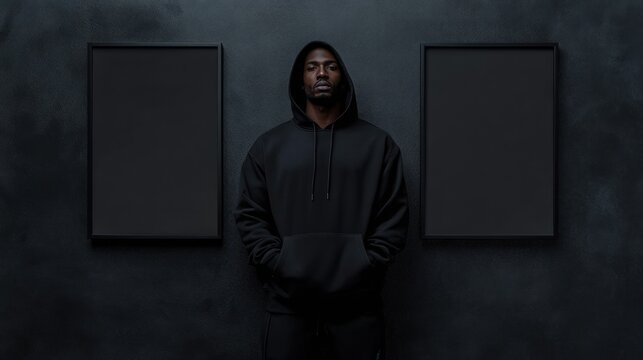 Man in hoodie stands between two black frames. - Powered by Adobe