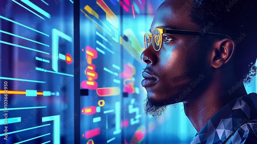 Poster A person intently analyzes vibrant digital interfaces filled with data and graphics in a modern technology workspace, illuminated by blue and neon lights.