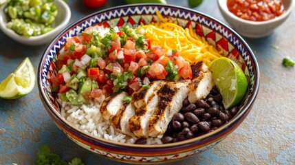 A hearty burrito bowl with rice, black beans, grilled chicken