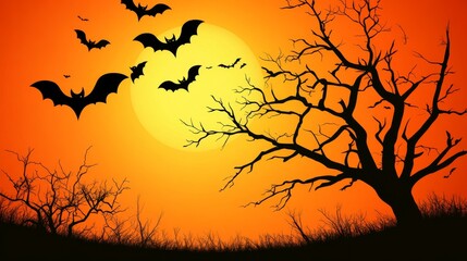 A Halloween scene with bats flying around a tree