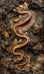 Obraz premium Worm on wet ground with leaves.