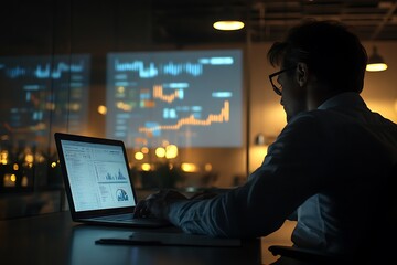Obraz premium Accountant at desk analyzing profit trends on computer screen during nighttime in an office