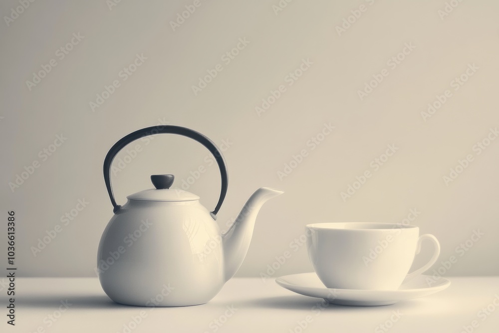 Poster a simple white tea kettle sits beside an elegant cup on a neutral surface, inviting relaxation and w