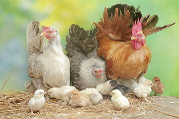 Two hens and a rooster are foraging in a pile of dry grass with their newly hatched chicks. Animals that are cultivated for their meat have the scientific name Gallus gallus domesticus.