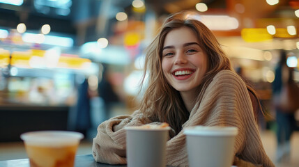 Joyful Lady in Cozy Café with Warm Beverages Spot