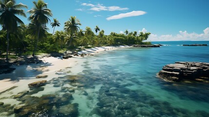 Aerial view of a serene tropical island with clear waters and lush vegetation under a bright sky