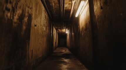 A dimly lit, narrow corridor with peeling walls and exposed pipes, evoking a sense of mystery.