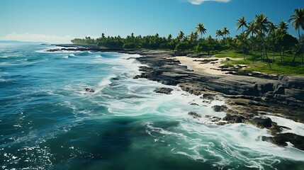 Aerial view of a tropical island coastline with turquoise water and lush palm trees during daylight