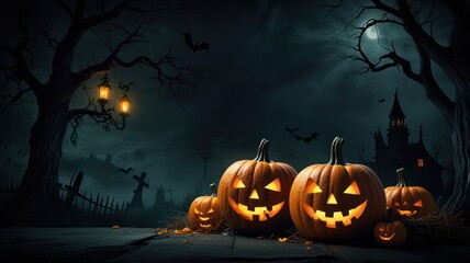 A spooky Halloween scene with pumpkins, a graveyard, a haunted house, a full moon, and bats.