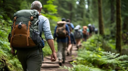 Adults Enjoying a Group Hiking Retreat in Nature