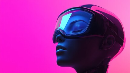 Futuristic woman in glossy suit with closed eyes