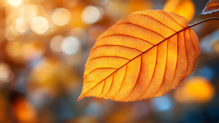 Obraz premium Yellow autumn leaf close-up. With a blurred bokeh background, a bright orange tree changes.