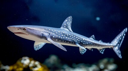 Fototapeta premium A blue and white spotted bamboo shark swimming in a dark blue water tank.