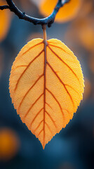 Fototapeta premium Yellow autumn leaf close-up. With a blurred bokeh background, a bright orange tree changes.
