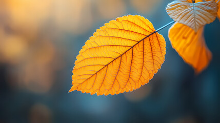 Obraz premium Yellow autumn leaf close-up. With a blurred bokeh background, a bright orange tree changes.