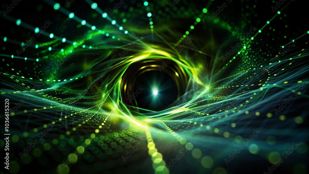 Poster An abstract image showing the flow of digital assets in a green economy, with interconnected networks and data streams. Abstract green background with a digital mesh