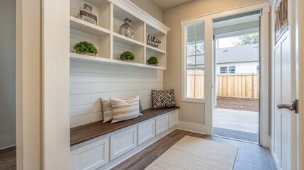 White built-in bench with storage and pillows in a modern entryway.