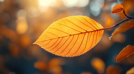 Obraz premium Yellow autumn leaf close-up. With a blurred bokeh background, a bright orange tree changes.
