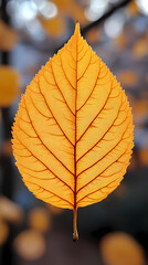 Obraz premium Yellow autumn leaf close-up. With a blurred bokeh background, a bright orange tree changes.