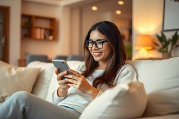 Happy Woman Relaxing on Sofa Using Smartphone in Cozy Modern Living Room
