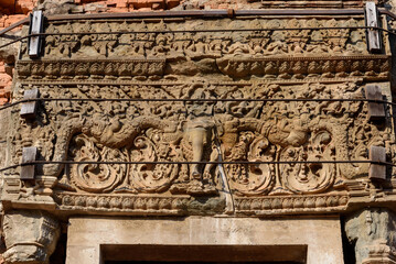 Bas-relief Sculpture at Prasat Lolei, Siem Reap, Cambodia.