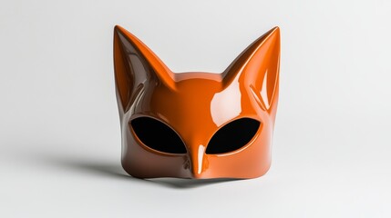 Obraz premium A vibrant product photo of a fox mask designed for quadrobics with sleek reflective orange tones and sharp ear details, displayed on a minimalist white background.